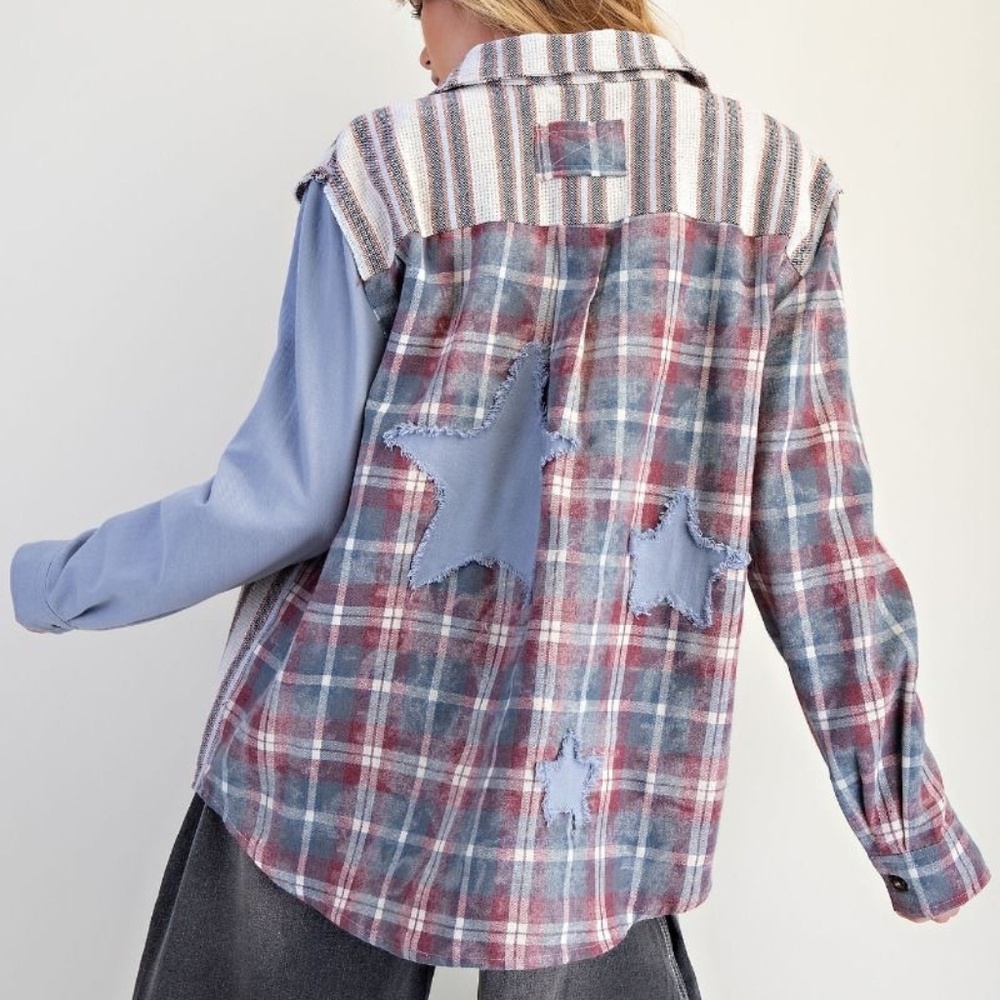 NEW EASEL PLAID AND STRIPED PATTERNS STAR PATCHWORK BUTTON DOWN SHAKET SMALL - Picture 5 of 8